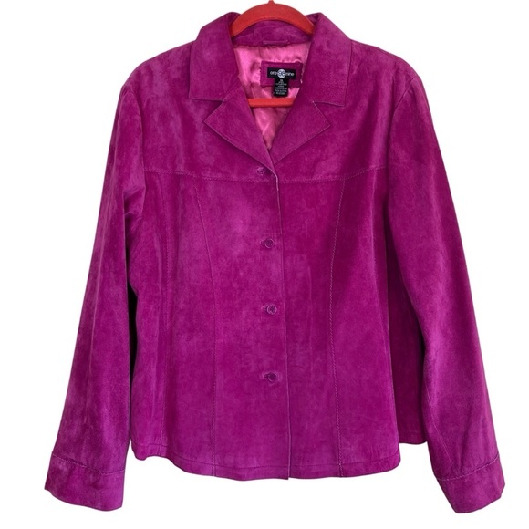 One 98 Nine Vintage Suede Jacket Hot Pink Zig-zag Trims Button Front Collared XL - Picture 1 of 16